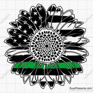 Drapeau américain tournesol fine ligne verte Svg, Svg militaire, Svg patriotique tournesol, Svg armée, Svg hommage au soldat, Svg drapeau des États-Unis, Svg vétéran
