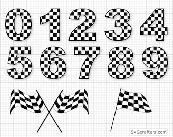 May include: Black and white checkered numbers 0 through 9 with a checkered flag design.  SVGcrafters.com is printed at the bottom of the image.