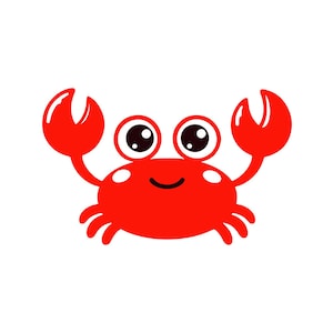 Puede incluir: Una ilustración de cangrejo de dibujos animados en rojo brillante con grandes ojos negros con reflejos blancos, dos pinzas levantadas, una pequeña sonrisa curva y seis patas pequeñas. El diseño es plano y sencillo con líneas limpias.