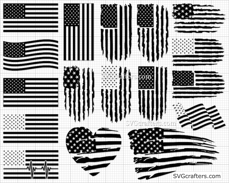 May include: A collection of 14 black and white American flag designs. The flags are in various styles, including distressed, wavy, and heart-shaped. The flags are all outlined in black and have white stars.