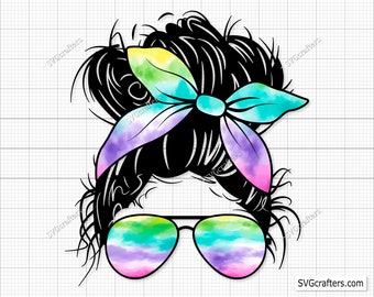 Messy Bun Hair png, Rainbow Mom Bun Hair Sunglasses Headband Mom Life, png files for cricut, Png Jpg file