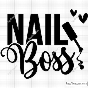 May include: Black and white graphic design with the text "Nail Boss" and a nail polish bottle with a drop of polish. Two small hearts are in the upper right corner of the design.