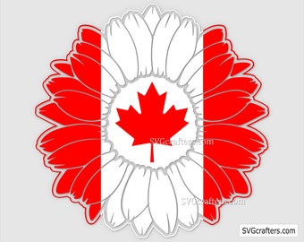 Puede incluir: Un girasol rojo y blanco con un diseño de bandera canadiense. El centro del girasol presenta una hoja de arce roja. El texto "SVGcrafters.com" aparece dos veces en la imagen.