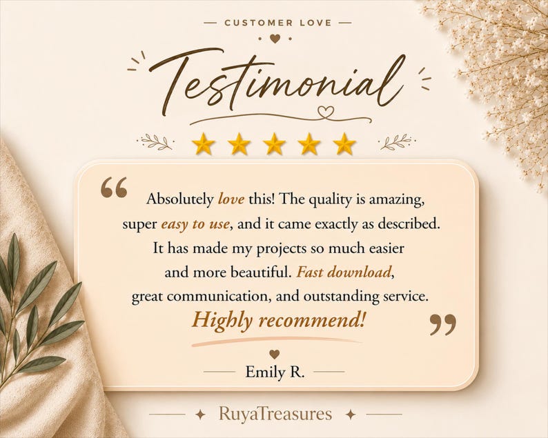 May include: A customer testimonial graphic featuring the text 'Testimonial' and five gold stars above a beige rectangular box. The box contains a positive review about product quality and service, signed by Emily R., with the brand name RuyaTreasures.