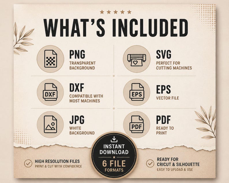 May include: A digital file information graphic on a beige background with the text WHAT'S INCLUDED. It lists six file formats: PNG, SVG, DXF, EPS, JPG, and PDF, each with a corresponding icon and description. A circular badge at the bottom reads INSTANT DOWNLOAD 6 FILE FORMATS.