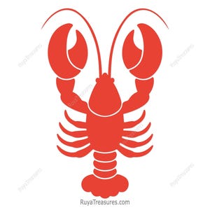 Könnte beinhalten: Illustration eines roten Hummers auf weißem Hintergrund. Der Hummer ist in vereinfachter, stilisierter Weise dargestellt, mit markanten Scheren und Antennen. Das Bild eignet sich für verschiedene Designanwendungen.
