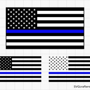 May include: A black and white American flag with a thin blue line running horizontally across the middle. The flag is a symbol of support for law enforcement.