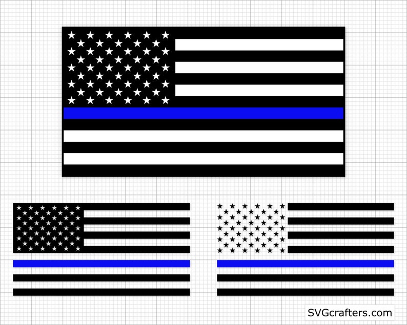 May include: A black and white American flag with a thin blue line running horizontally across the middle. The flag is a symbol of support for law enforcement.