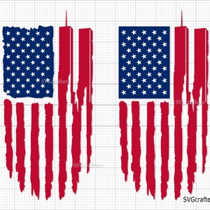 Puede incluir: Una bandera estadounidense desgastada con las Torres Gemelas en el fondo. La bandera es roja, blanca y azul con un aspecto desgastado. Las torres son rojas y blancas.