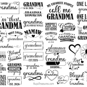 Könnte beinhalten: Eine Sammlung von schwarz-weißen Grafikdesigns mit dem Wort "Oma" in verschiedenen Schriftarten und Stilen. Einige Designs enthalten Sätze wie "Liebste Oma", "Ich bin diese Oma" und "Gesegnete Oma".