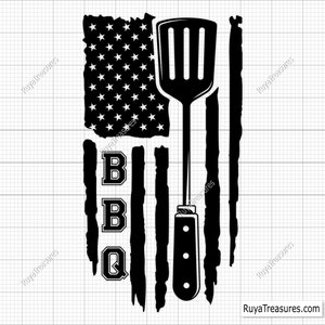 May include: Black and white graphic of a spatula and a knife with the letters BBQ in a distressed font, superimposed on an American flag.