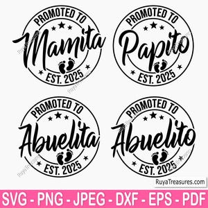 Promovidos a Abuelita, Abuelito, Mamita y Papito Svg Png, Anuncio de Bebé en Español Svg Png, Establecido Svg, Próximamente Svg, Bebé Svg