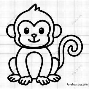 Op de afbeelding: Een zwart-wit cartoon illustratie van een aap. De aap zit met zijn staart opgerold. De afbeelding heeft een eenvoudig, strak ontwerp met dikke zwarte contouren. Het websiteadres RuyaTreasures.com staat rechtsonder.