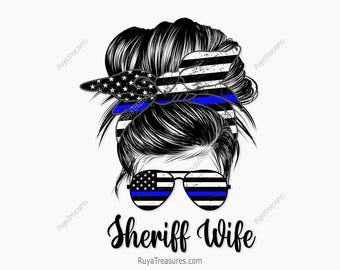Esposa de sheriff con moño, gafas de sol, diadema, mamá, PNG, línea azul delgada estadounidense, PNG de policía - Clipart, imprimible, archivo de sublimación