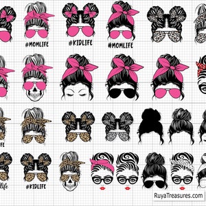 Peut inclure: Illustration num&eacute;rique de plusieurs visages f&eacute;minins stylis&eacute;s avec des chignons d&eacute;coiff&eacute;s, des lunettes de soleil et des bandanas. Certains motifs incluent des imprim&eacute;s l&eacute;opard et les textes "#MOM LIFE" et "#KID LIFE". L'adresse du site Web "RuyaTreasures.com" est &eacute;galement visible.