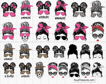 Bundle Mom Life Svg, Messy Hair Svg Bundle, Messy Bun with Glasses Svg, Mom Bandana Leopard Svg, Svg Cut Files for Cricut and Silhouette