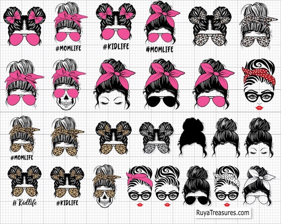 Bundle Mom Life Svg, Messy Hair Svg Bundle, Messy Bun with Glasses Svg, Mom Bandana Leopard Svg, Svg Cut Files for Cricut and Silhouette