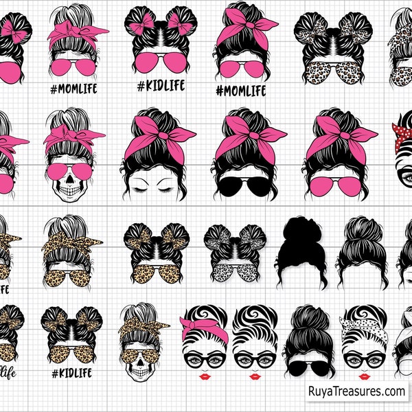 Paquete mamá vida svg, paquete de pelo desordenado svg, moño desordenado con gafas svg, mamá bandana leopardo svg, archivos de corte svg para cricut y silueta