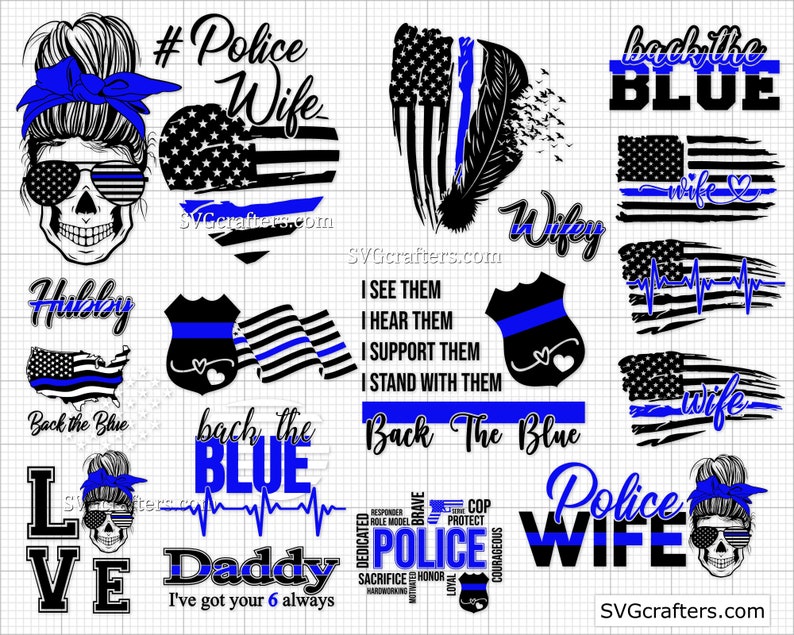 May include: A collection of digital cut files featuring various designs related to police officers and their families. The designs include a skull with sunglasses, a heart with an American flag, a police badge, and text such as "Police Wife", "Back the Blue", and "I've got your 6 always".