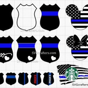 May include: A set of 10 SVG cut files featuring thin blue line police badges, Mickey Mouse ears, and a Starbucks logo with a thin blue line American flag. The files are perfect for crafting projects like decals, stickers, and iron-on transfers.