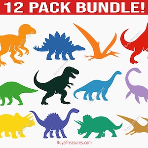Paquete de dinosaurios SVG, dinosaurio PNG, dinosaurio prehistórico SVG, estegosaurio, triceratops SVG, T-Rex SVG, silueta de dinosaurio, cumpleaños infantil SVG