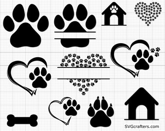Könnte beinhalten: Ein Set mit 10 schwarzen und weißen SVG-Schneidedateien mit Hundepfotenabdrücken. Die Designs beinhalten Pfotenabdrücke, Herzen, Knochen und Hundehütten. Der Text "SVGcrafters.com" befindet sich am unteren Rand des Bildes.