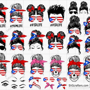 Bundel Puerto Rico Momlife svg, Messy Bun Puerto Rico svg, Puerto Rico svg, Puerto Ricaanse svg, Puerto Rico png-afdrukbaar, Cricut en silhouet