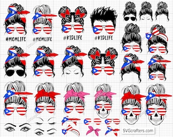 May include: A digital design sheet featuring various images of women's hairstyles with a Puerto Rican flag theme. The designs include different hairstyles with a bun, braids, and a ponytail. The designs also include a skull with a Puerto Rican flag bandana. The designs include the text #MOMLIFE, #KIDLIFE, and SVGcrafters.com.