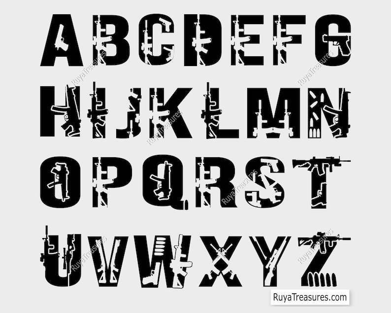 Typography Gun Design Gun Alphabet SVG, 2nd Amendment Letter Font Design, Tactical Rifle ...
