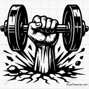 May include: Black and white graphic of a clenched fist holding a barbell, breaking through a surface. The barbell has large circular weights on each end. The image conveys strength and fitness.