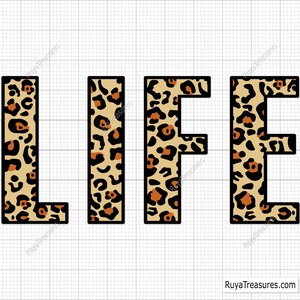May include: The word "LIFE" in bold, block letters. Each letter is filled with a tan leopard print pattern with black and brown spots, outlined in black. The background is a grid pattern.