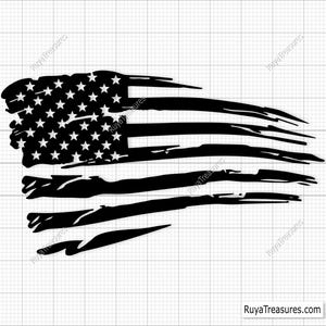 May include: A black graphic decal featuring a distressed, horizontal American flag design with stars in the canton and elongated, brush-stroke style stripes that taper off to the right. The text RuyaTreasures.com appears in the bottom right corner.
