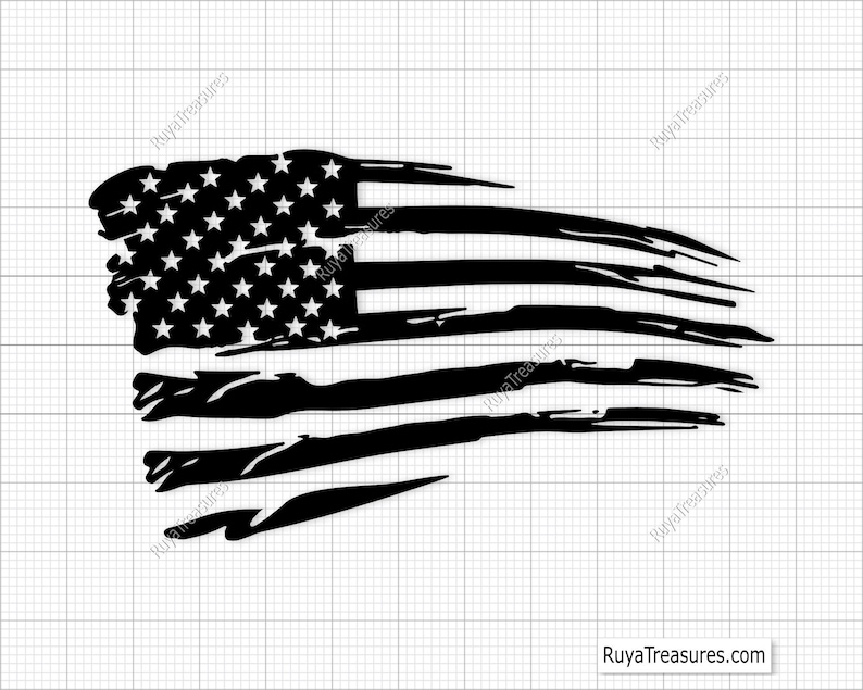 May include: A black graphic decal featuring a distressed, horizontal American flag design with stars in the canton and elongated, brush-stroke style stripes that taper off to the right. The text RuyaTreasures.com appears in the bottom right corner.