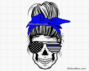 Policía con moño desordenado (SVG), espalda azul (SVG), línea azul fina (SVG), oficial de policía (SVG), esposa de policía (SVG) - Imprimible, Cricut y Silhouette