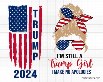 Könnte beinhalten: Ein digitales Design mit einer Frau mit einem blonden Dutt, die ein rot-weiß-blaues Bandana und eine Sonnenbrille trägt. Der Text "I'm Still A Trump Girl I Make No Apologies" befindet sich unter dem Bild der Frau. Das Design enthält auch eine rot-weiß-blaue amerikanische Flagge mit dem Wort "TRUMP" und dem Jahr "2024" darunter.