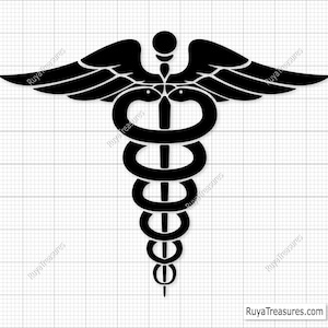 May include: Black and white medical symbol featuring a snake coiled around a staff. This symbol is commonly used to represent healthcare and medicine.