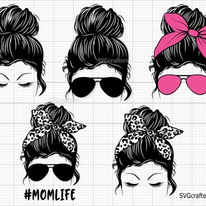 Messy Bun svg, Mom Life svg, arquivos de corte svg, Mom Bun, Cricut, Artesanato, Decalques, Chita, Leopardo, Óculos de sol, Camisetas, Laço, SVGs de menina