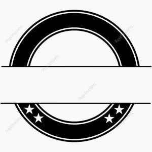 May include: A monochrome circular design, split horizontally. The top section is a thick, curved black band. The lower section features a curved black band with five white stars. The design is on a white background.
