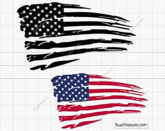 Puede incluir: Dos diseños de banderas americanas desgastadas. La bandera superior es negra y blanca, y la bandera inferior es roja, blanca y azul.