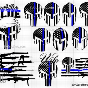 May include: Black and white skull graphic with a blue line across the forehead. The skull is superimposed on an American flag with a blue line. The text "back the blue" is above the skull. The text "Wife" is below the skull. The skull is repeated in different variations with different backgrounds, including a Spartan helmet and a background of guns.