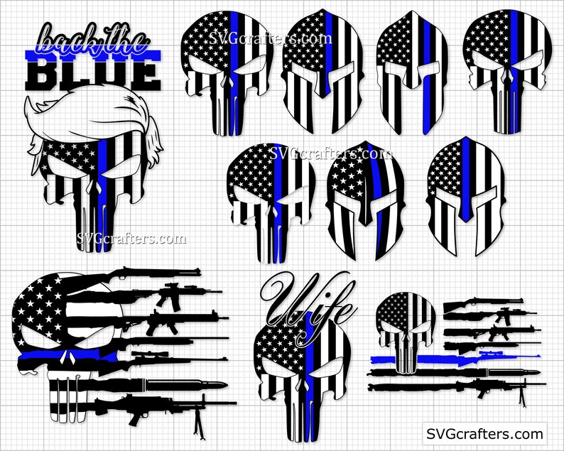 May include: Black and white skull graphic with a blue line across the forehead. The skull is superimposed on an American flag with a blue line. The text "back the blue" is above the skull. The text "Wife" is below the skull. The skull is repeated in different variations with different backgrounds, including a Spartan helmet and a background of guns.