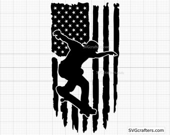 May include: Silhouette of a person skateboarding in front of an American flag with a distressed look. The flag is black and white.
