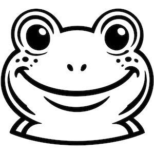 May include: A black and white cartoon illustration of a frog's face. The frog has large, round eyes, a wide smile, and small dots on its cheeks. The outline is thick and bold, giving it a simple, graphic style.