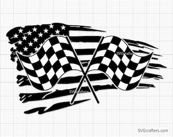 May include: Black and white checkered racing flags crossed over a distressed American flag. The flags are black and white with a white background and black squares.