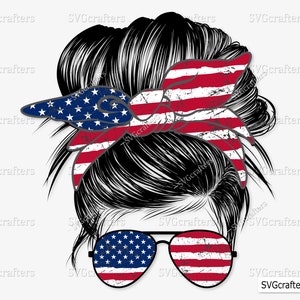 May include: A digital illustration of a woman with a messy bun and sunglasses. The bun is decorated with a red, white, and blue bandana with a distressed look. The sunglasses are also decorated with a red, white, and blue pattern.