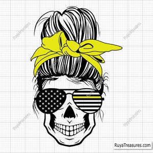 May include: Black and white illustration of a skull with a messy bun hairstyle wearing yellow sunglasses with an American flag on one lens and a yellow stripe on the other. The skull is wearing a yellow headband.