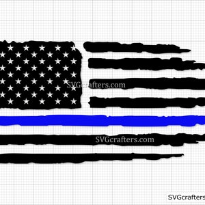 May include: Distressed American flag with a thin blue line running horizontally across the middle. The flag is black and white with a blue line. The text "SVGcrafters.com" appears twice on the flag.