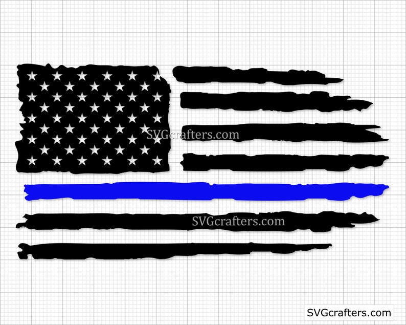 May include: Distressed American flag with a thin blue line running horizontally across the middle. The flag is black and white with a blue line. The text "SVGcrafters.com" appears twice on the flag.
