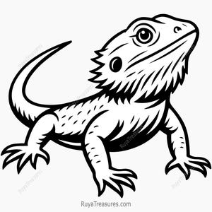 Könnte beinhalten: Schwarz-Weiß-Illustration einer Bartagame. Das Reptil wird im Seitenprofil dargestellt, mit detaillierten Schuppen, einem stacheligen Bart und einem eingerollten Schwanz. Das Bild ist eine digitale Zeichnung, geeignet für Designs zum Thema Haustiere.