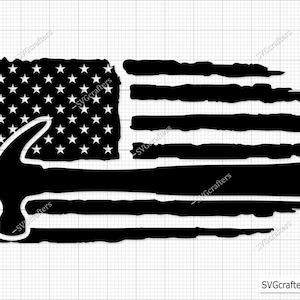 May include: A black and white distressed American flag design with a hammer overlayed on top. The hammer is positioned horizontally across the flag, with the hammer head on the left side and the handle extending to the right.
